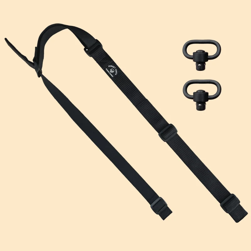 Black 2 point adjustable sling with quick adjust pull tab and two steel quick detach swivels