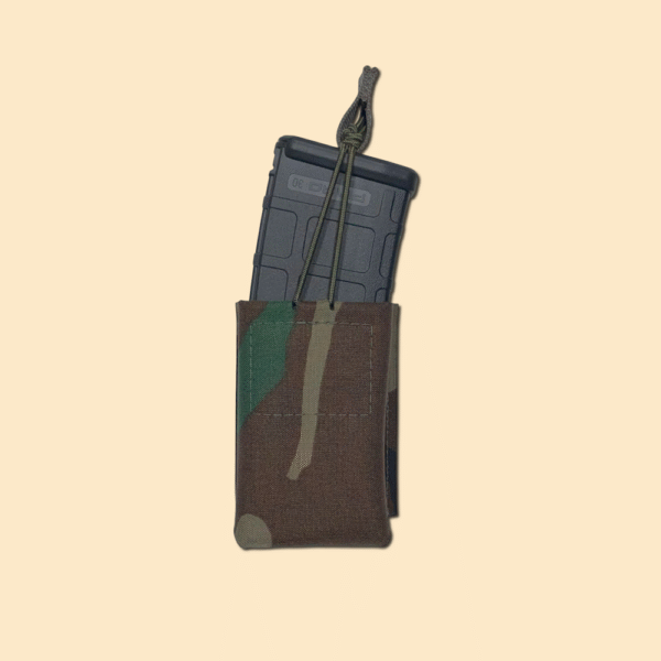 Our 5.56 magazine pouch loaded with a Pmag. M81 Woodland. Uses Bungee Retention