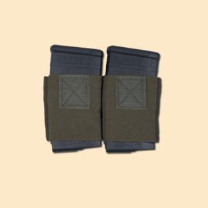 Two slot elastic insert for 7.62 magazines in ranger green displayed with two magazines.