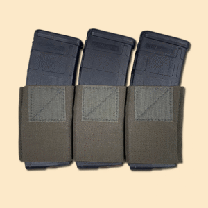 Ranger green three slot elastic insert for 5.56 magazines, displayed with AR magazines.