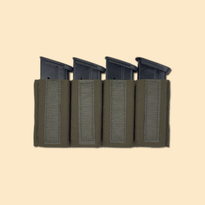 Four slot elastic insert for pistol caliber magazines in ranger green displayed with magazines