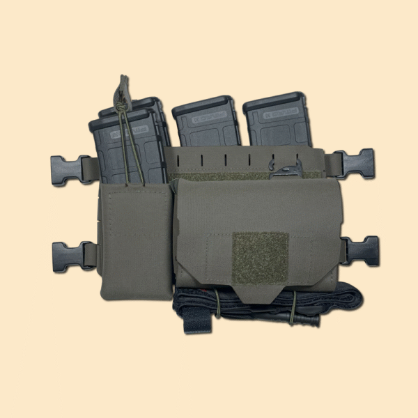 Chest Rig with an AR15 magazine pouch and a Quick Access Trauma pouch attached to the front via MOLLE slots on a G3 Universal Panel. Ranger Green. Our 5.56 magazine pouch seen on left.