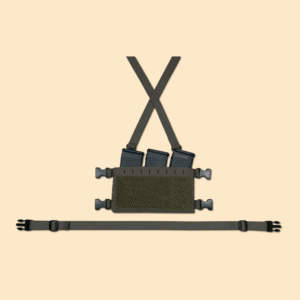 A bundle consisting of an X Harness, a back strap, a chest rig placard, and a three-slot elastic insert all shown in ranger green.