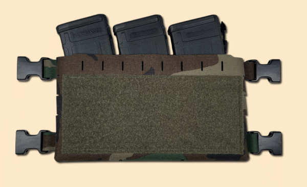 Chest rig placard in M-81 woodland, displayed with three AR style magazines.