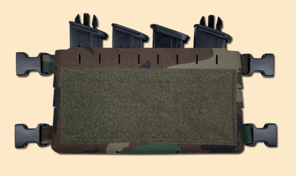Chest rig placard in M-81 woodland, displayed with 4 PDW magazines.
