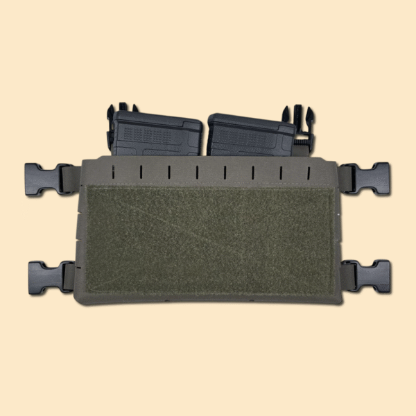 Chest rig placard in ranger green, displayed with two .308 magazines.