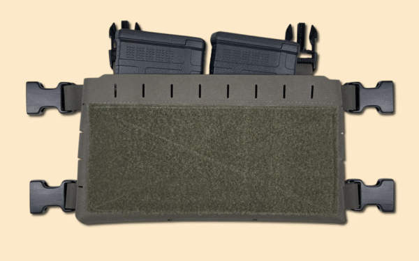 Chest rig placard in ranger green, displayed with two .308 magazines.