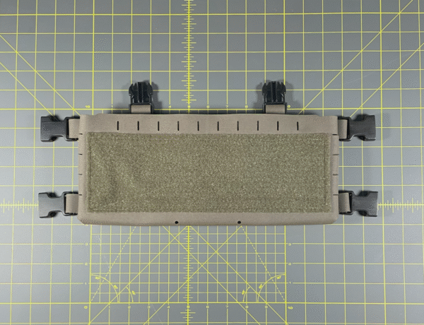 Our G4 placard style chest rig chassis in Ranger Green, displayed on a measuring mat in our tactical gear shop