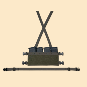 A bundle consisting of an X Harness, a back strap, an extended chest rig placard, and a four-slot elastic insert all shown in ranger green.