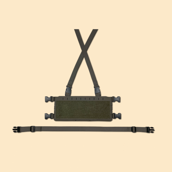 A bundle consisting of an X Harness, a back strap, an extended chest rig placard, and a four-slot elastic insert all shown in ranger green.