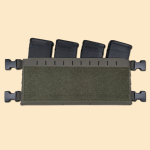 Extended chest rig placard in ranger green, displayed with four AR magazines.
