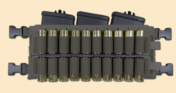 Extended chest rig placard in ranger green, displayed with three .308 magazines inside and two loaded 10-slot shotshell holders on front of placard.