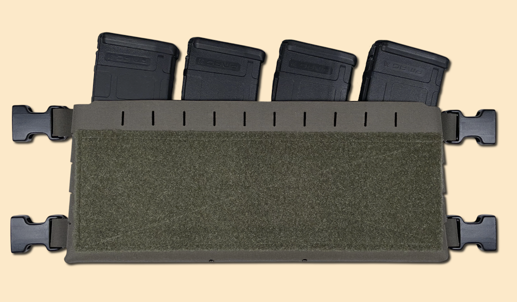 Extended chest rig placard in ranger green, displayed with four AR magazines.