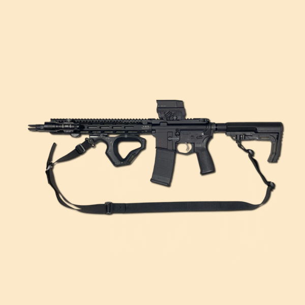 1.25" sling in black displayed with AR rifle.