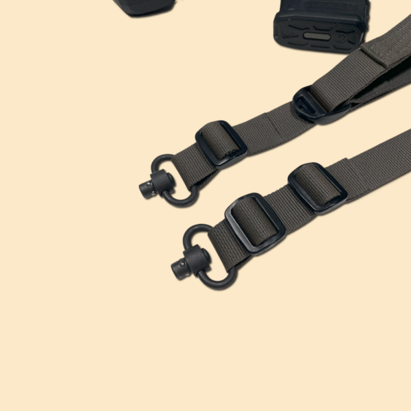 Quick detach sling swivels (QD swivels) displayed on both ends of our 1" sling.