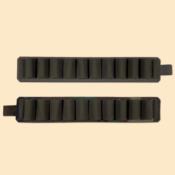 Two ten-shotshell holders, top shotshell holder in ranger green, bottom shotshell holder in M-81 woodland.