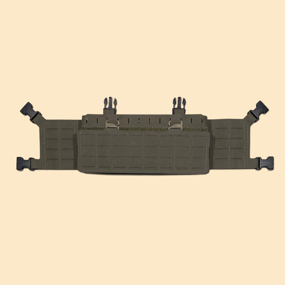GL Chest Rig Chassis with G4 Quick Detach Panel for modular attachment of tactical gear, pouches, and accessories. Ranger Green.