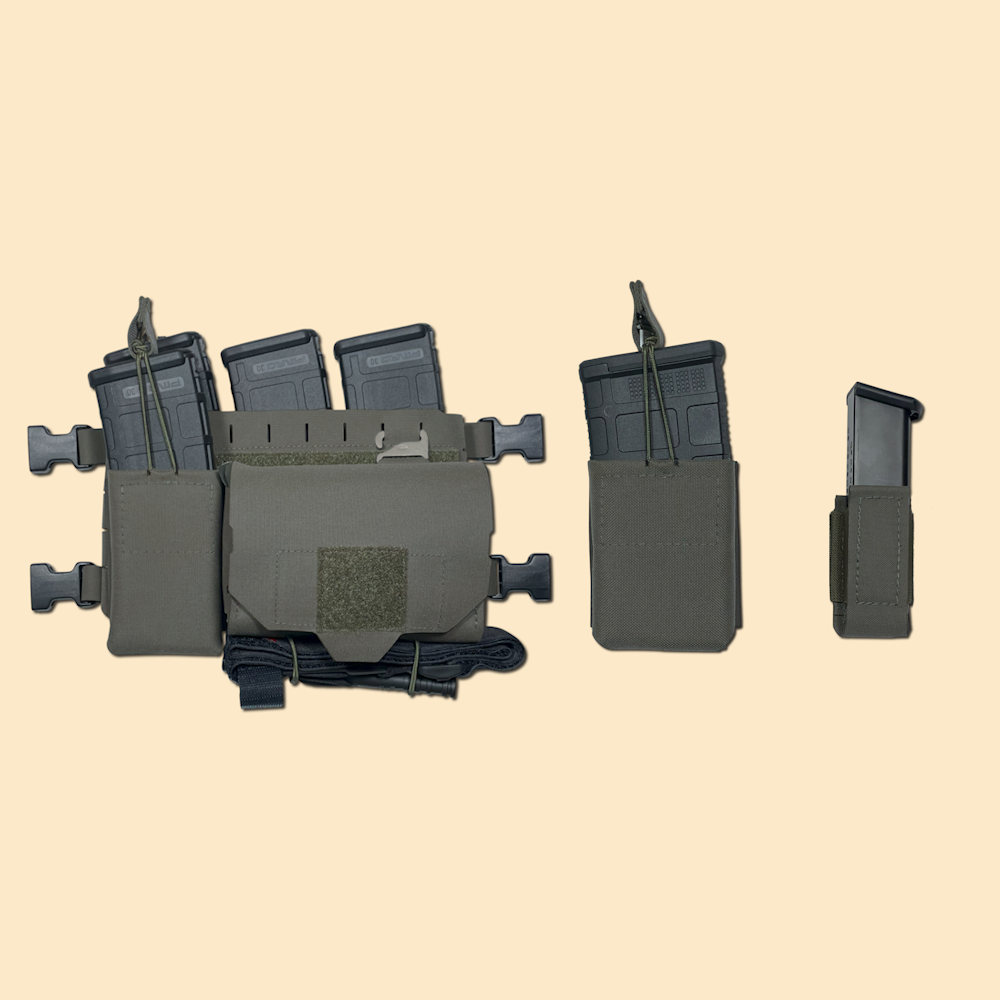 Pouches Category image - displays 5.56 magazine pouches, Quick Access Trauma Pouch (IFAK / First Aid Pouch), and Pistol magazine pouch. Ranger Green.