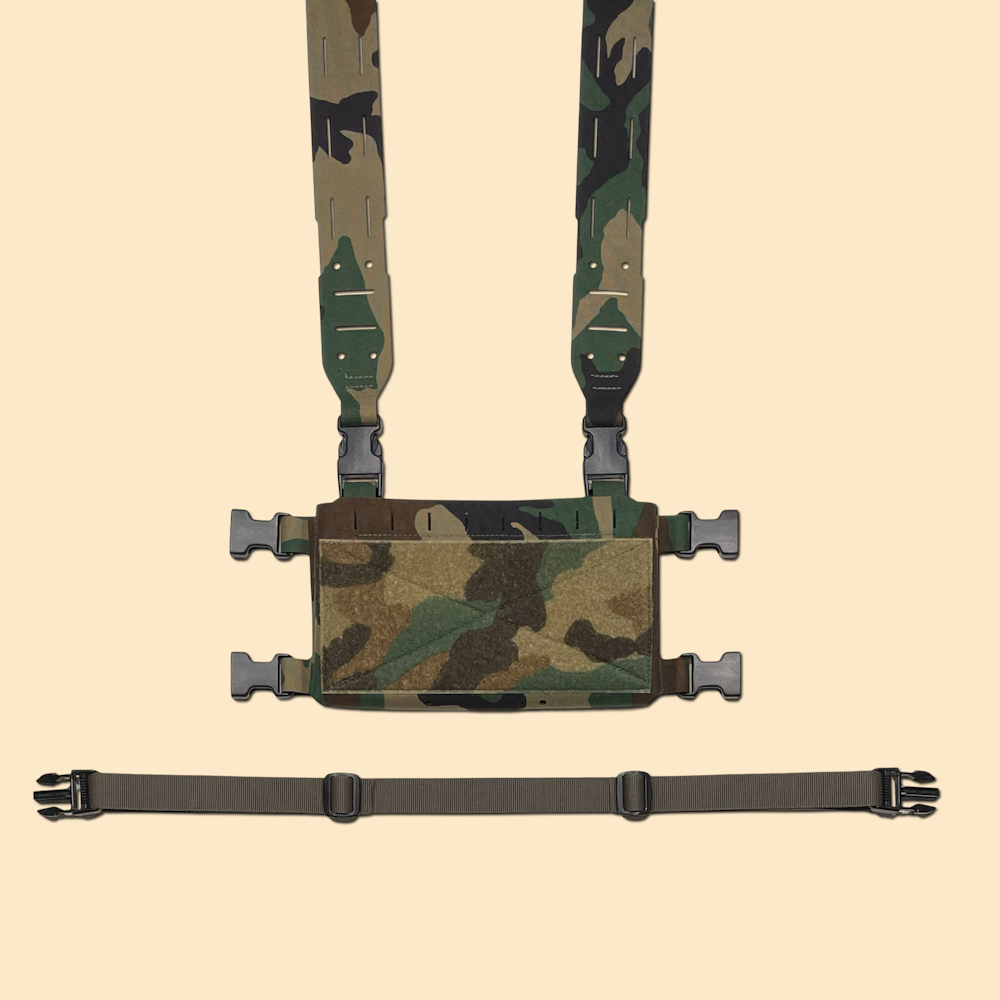 G3 placard chest rig with H harness and backstrap shown in M81 Woodland