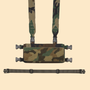 G4 four magazine modular chest rig chassis shown with h harness and backstrap in M81 woodland