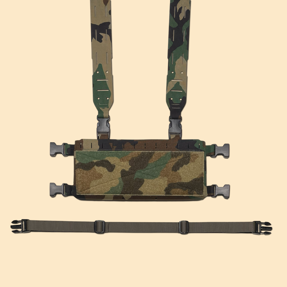 G4 four magazine modular chest rig chassis shown with h harness and backstrap in M81 woodland