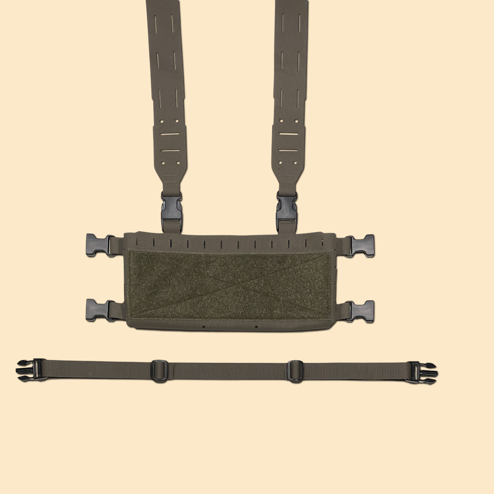 G4 four magazine modular chest rig chassis shown with h harness and backstrap in Ranger Green