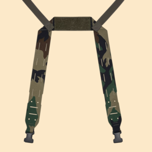 Chest Rig harness shown in M81 Woodland. H harness with mounting options for cable management and other tactical equipment.