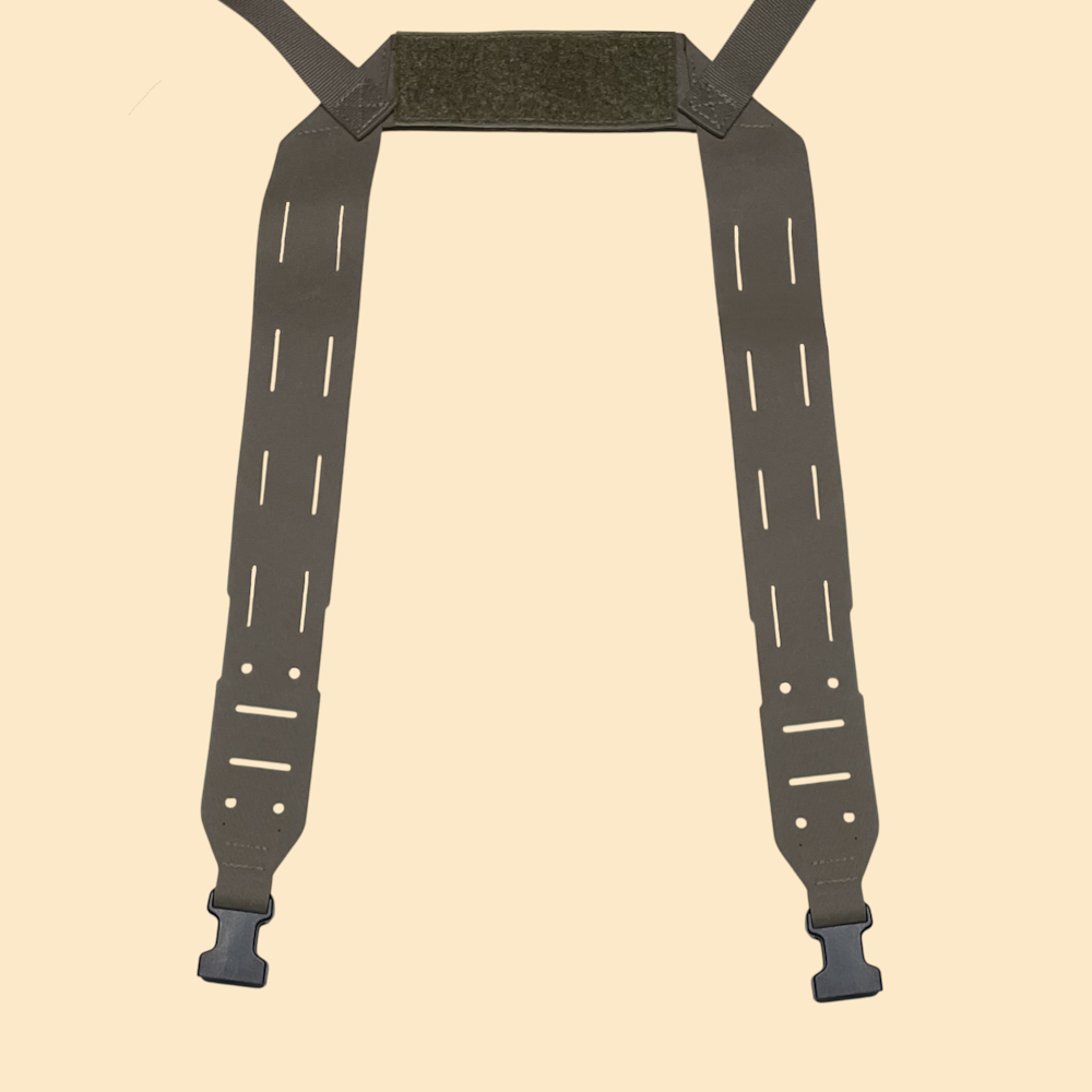 Chest Rig harness shown in Ranger Green. H harness with mounting options for cable management and other tactical equipment.