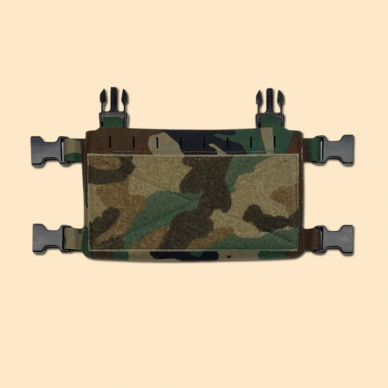 M81 woodland chest rig placard with hook and loop attachment system