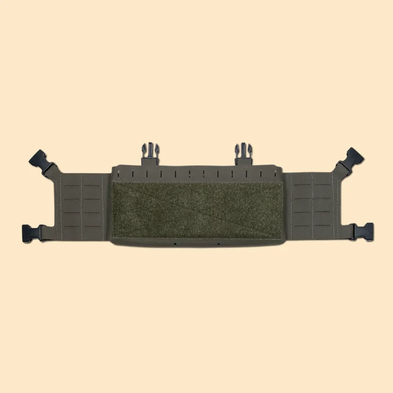 Ranger green modular chest rig with front loop panel, rear hook backing, and MOLLE-compatible side wings for accessory attachment