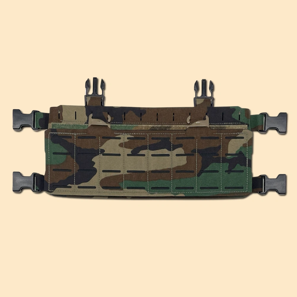 M81 woodland chest rig with modular 8 column MOLLE panel attached using G hooks and hook and loop system.