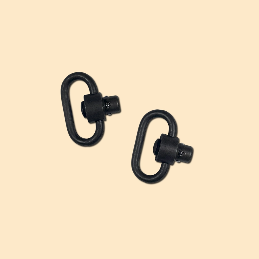 Steel quick detach swivel with push button release mechanism and corrosion-resistant finish.