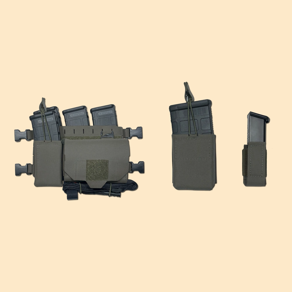 Ranger green tactical gear including magazine pouches, IFAK pouch, and accessories