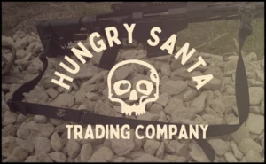 Stylized image of company logo overlaid on a rifle sling attached to a firearm resting on a rock surface.